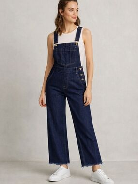 Zara Women Dungarees Overalls M/S Dark Indigo Wash Cropped Wide Leg Denim Y2K